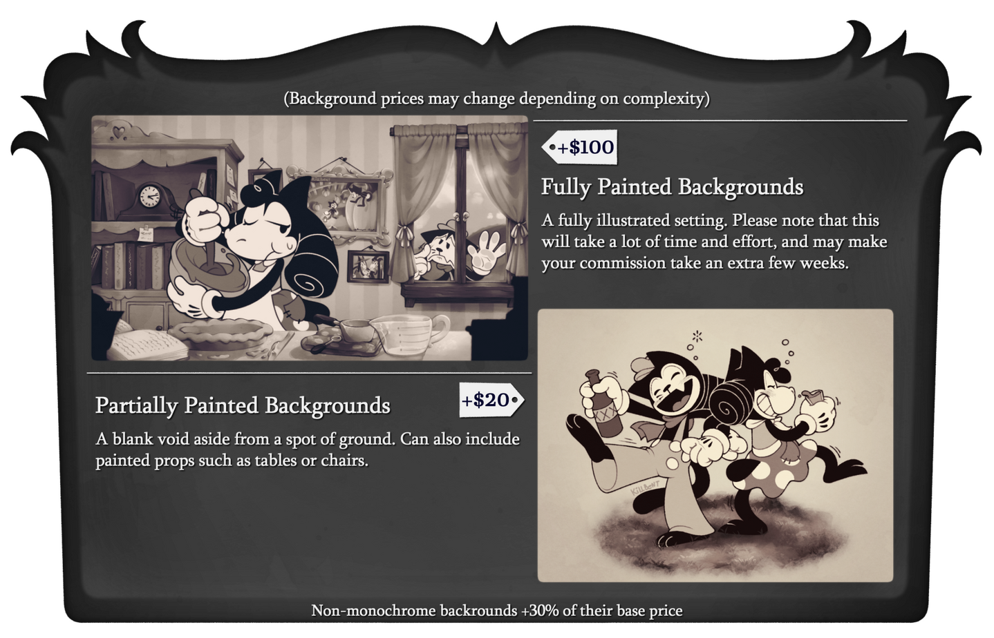 The second page for my rubberhose commission sheets, showing the available backgrounds. The two options are partially painted or fully painted.