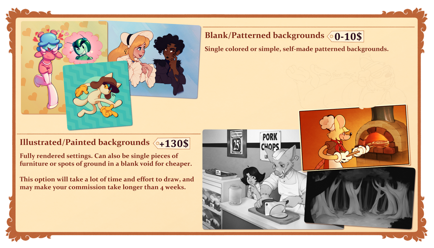The second page for my commission sheet, the two options being blank/patterned backgrounds, and fully illustrated/painted ones.