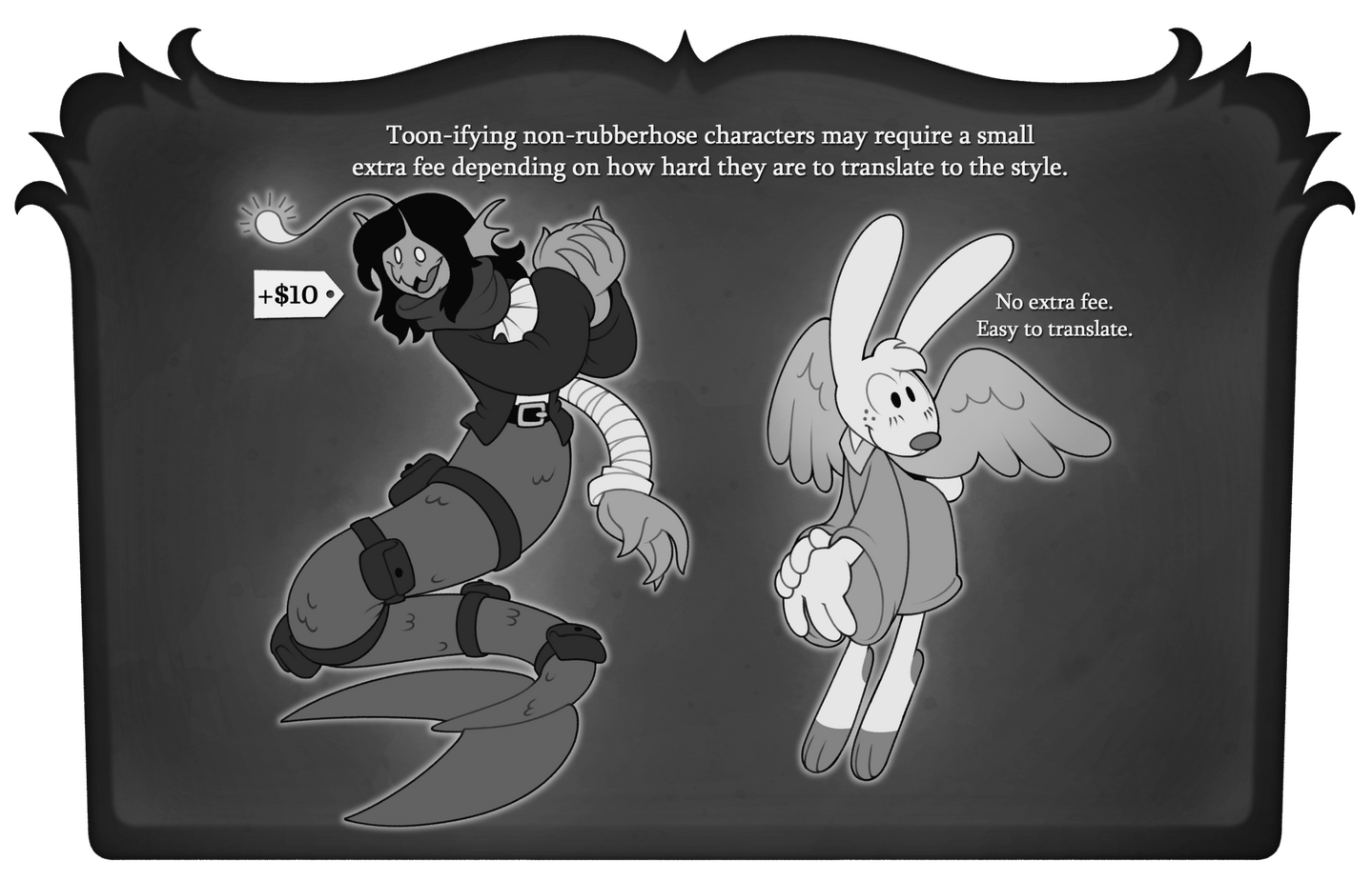 The third page for my rubberhose commission sheet, explaining that toon-ifying non-rubberhose characters may require an extra fee. Two characters are shown as examples for what kind of design would have this fee or not.