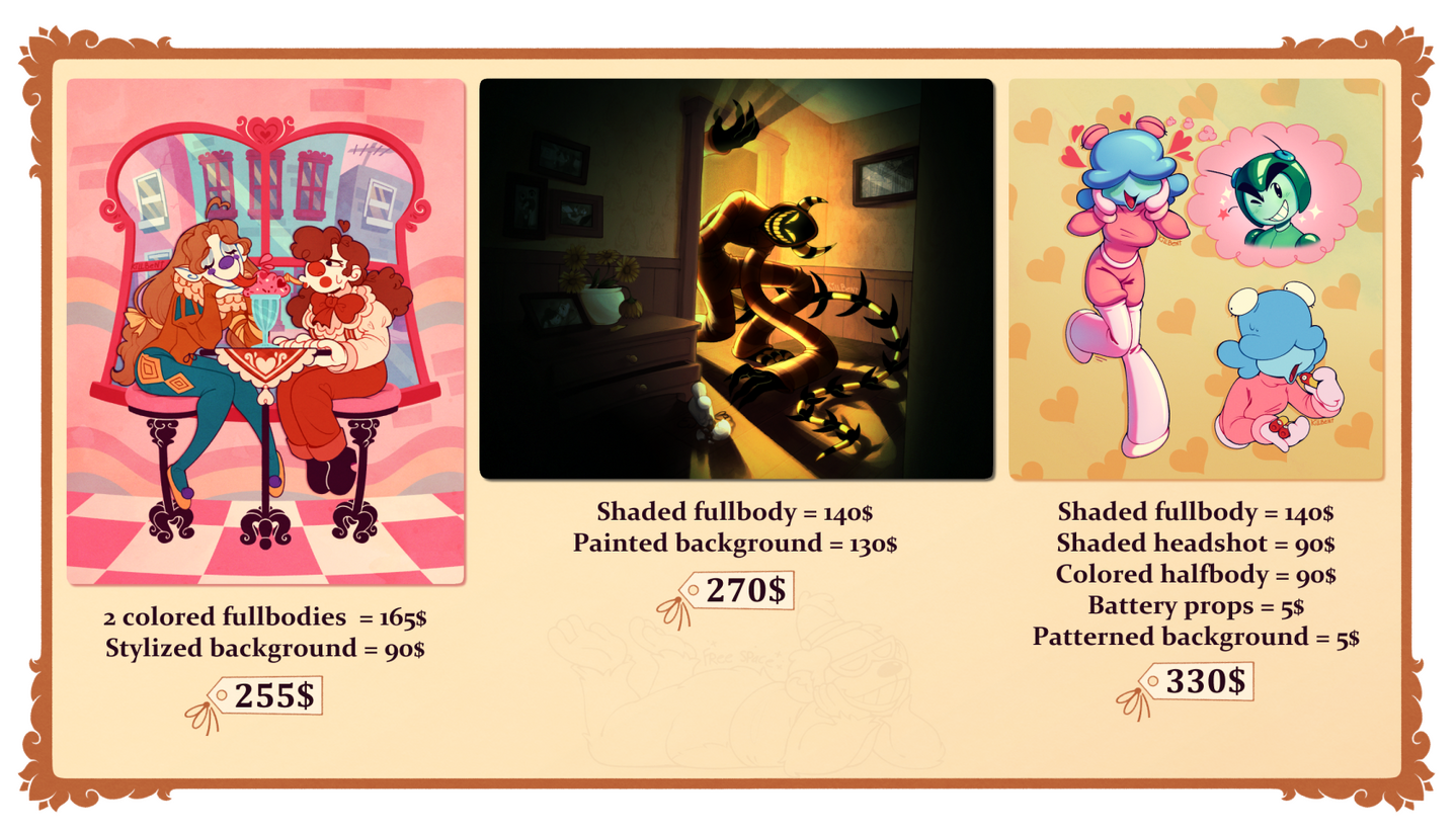 The third page, showing three drawings I've done and detailing how much they would hypothetically cost if they were commissions.